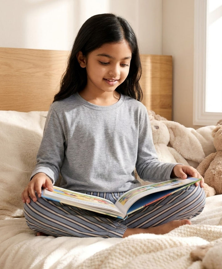 CANDY STRIPE GREY MELANGE GIRLS LONG SLEEVE PYJAMA SET - GREY/BLUE