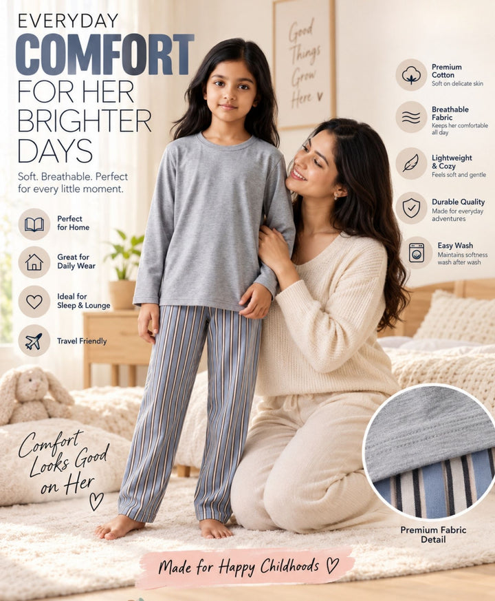 CANDY STRIPE GREY MELANGE GIRLS LONG SLEEVE PYJAMA SET - GREY/BLUE