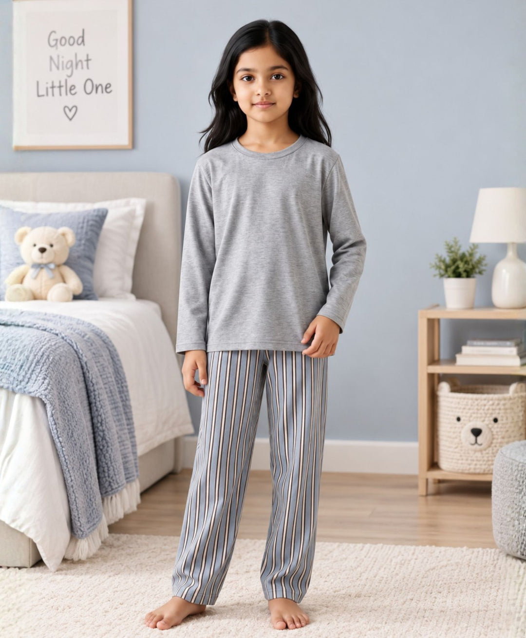 CANDY STRIPE GREY MELANGE GIRLS LONG SLEEVE PYJAMA SET - GREY/BLUE
