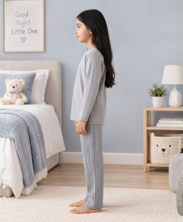 CANDY STRIPE GREY MELANGE GIRLS LONG SLEEVE PYJAMA SET - GREY/BLUE