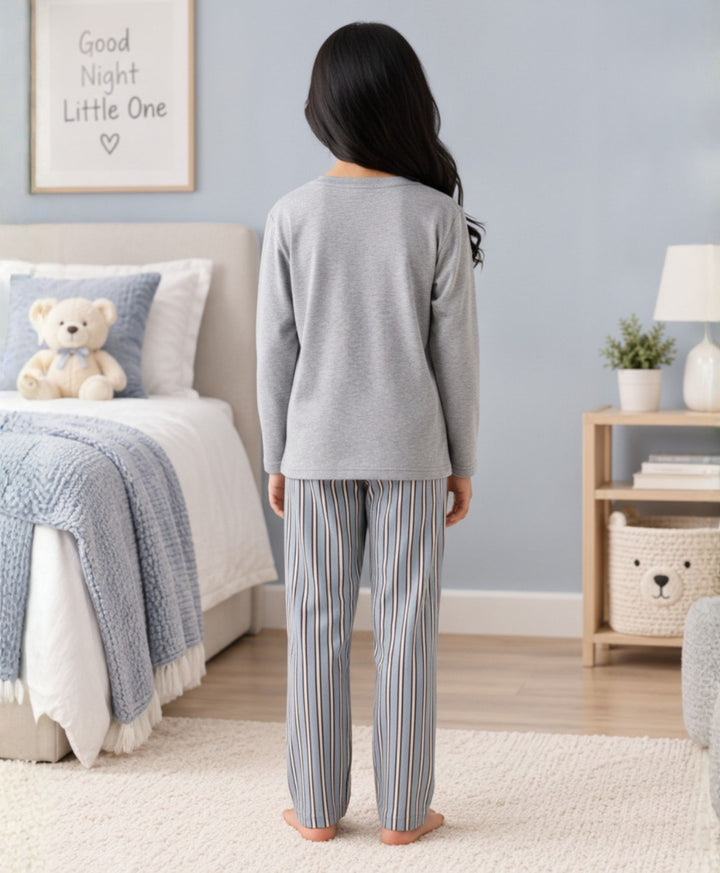 CANDY STRIPE GREY MELANGE GIRLS LONG SLEEVE PYJAMA SET - GREY/BLUE