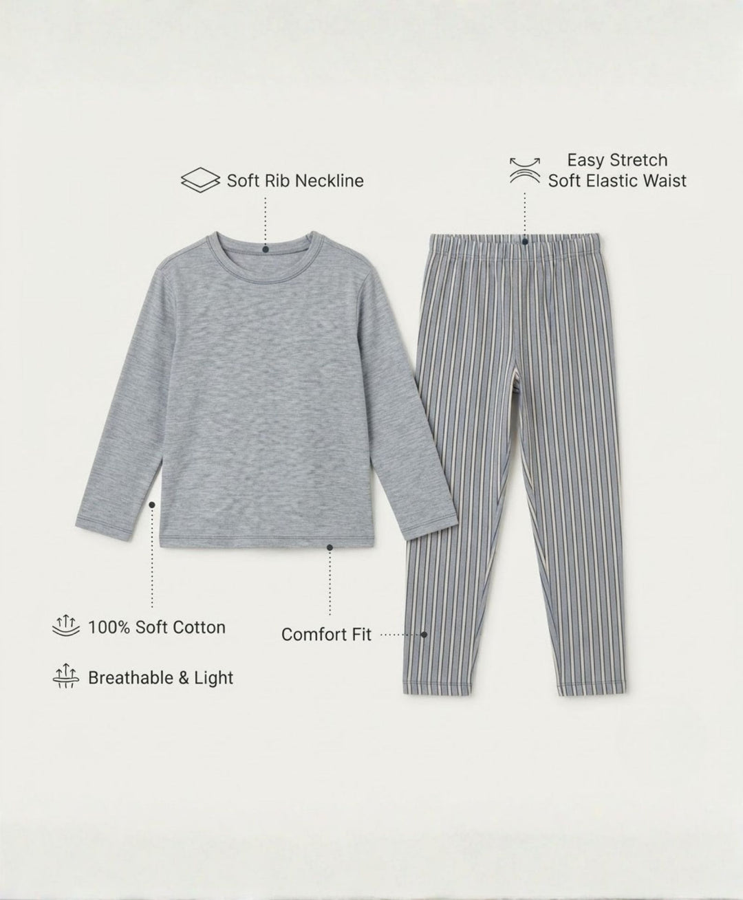CANDY STRIPE GREY MELANGE GIRLS LONG SLEEVE PYJAMA SET - GREY/BLUE