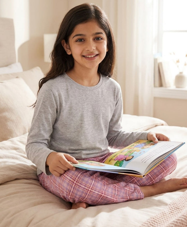 PASTEL PINK CHECK GREY MELANGE GIRLS LONG SLEEVE PYJAMA SET - GREY/PINK