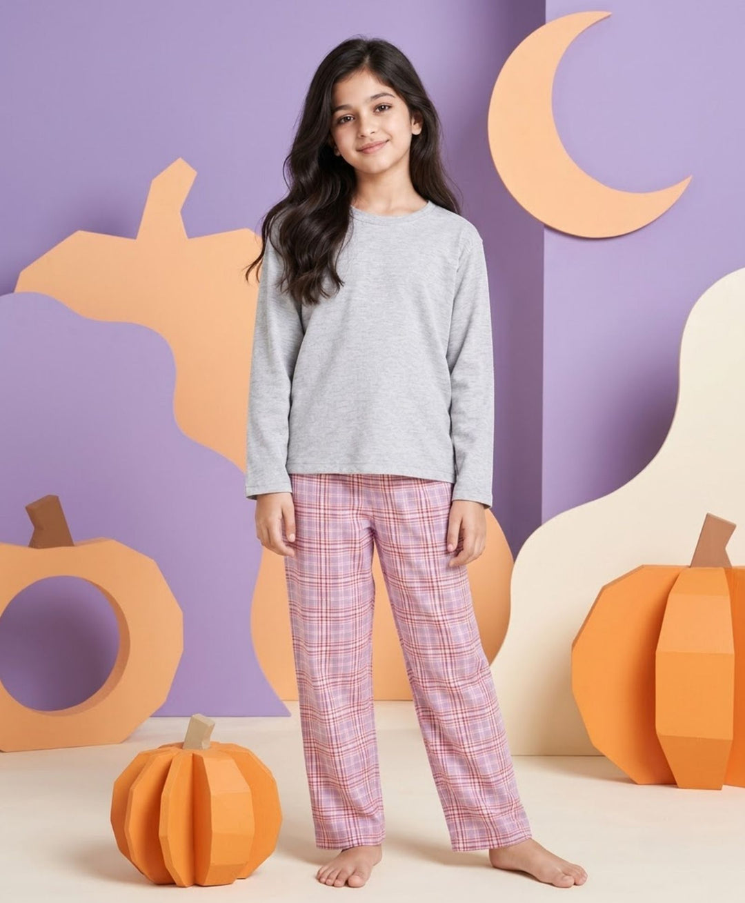 PASTEL PINK CHECK GREY MELANGE GIRLS LONG SLEEVE PYJAMA SET - GREY/PINK