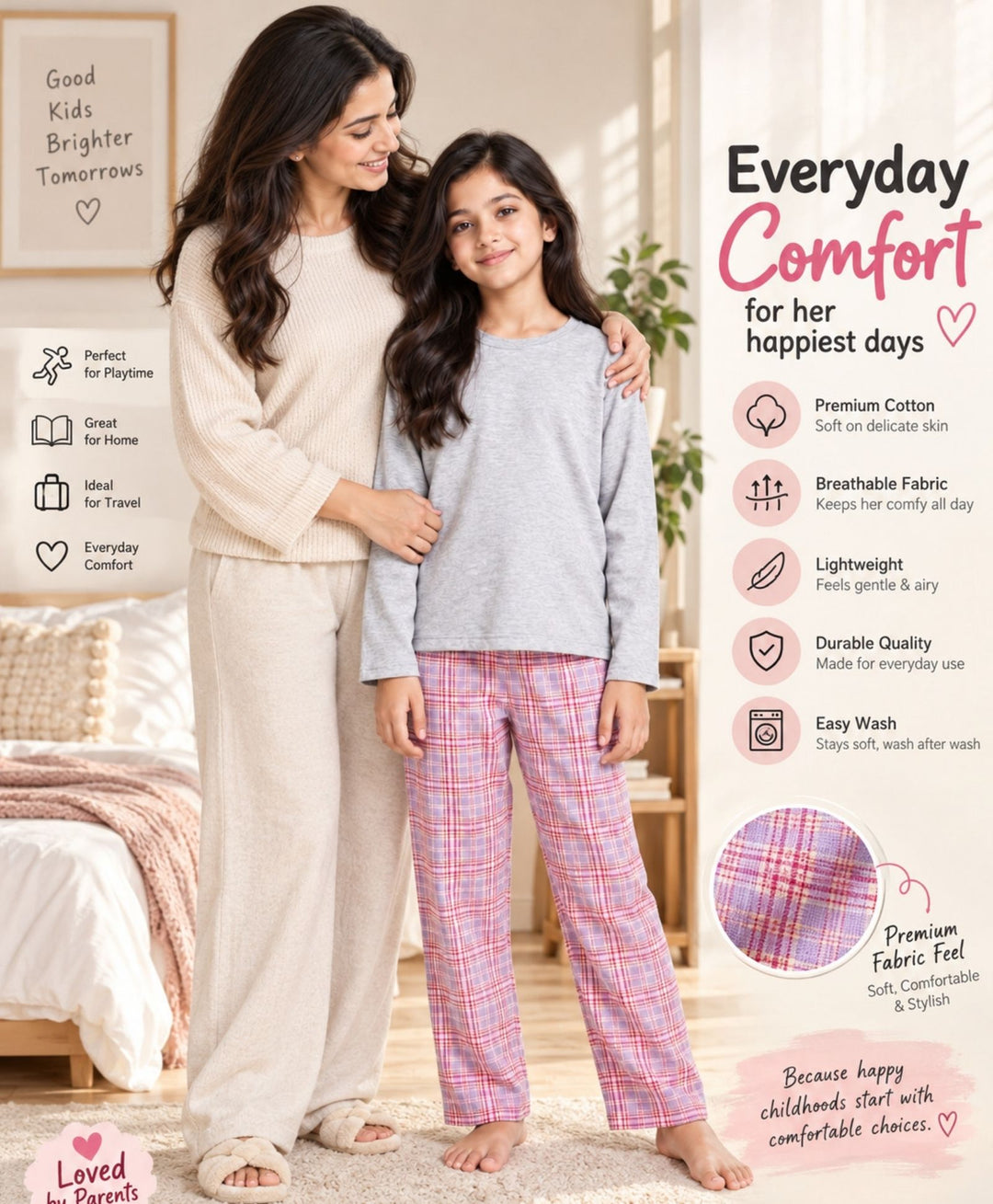 PASTEL PINK CHECK GREY MELANGE GIRLS LONG SLEEVE PYJAMA SET - GREY/PINK