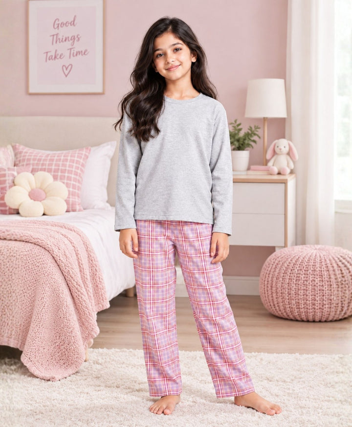 PASTEL PINK CHECK GREY MELANGE GIRLS LONG SLEEVE PYJAMA SET - GREY/PINK