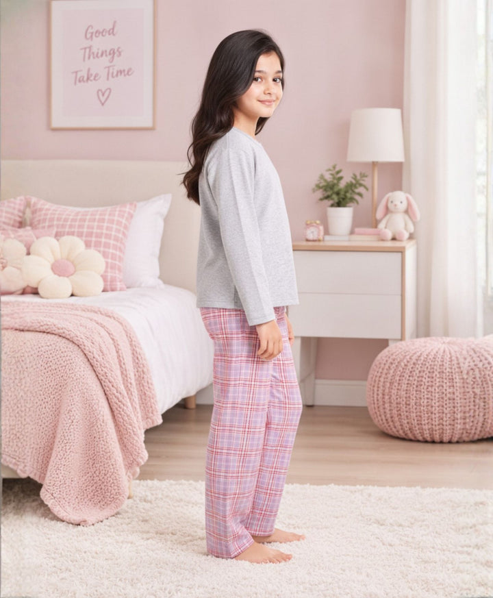 PASTEL PINK CHECK GREY MELANGE GIRLS LONG SLEEVE PYJAMA SET - GREY/PINK
