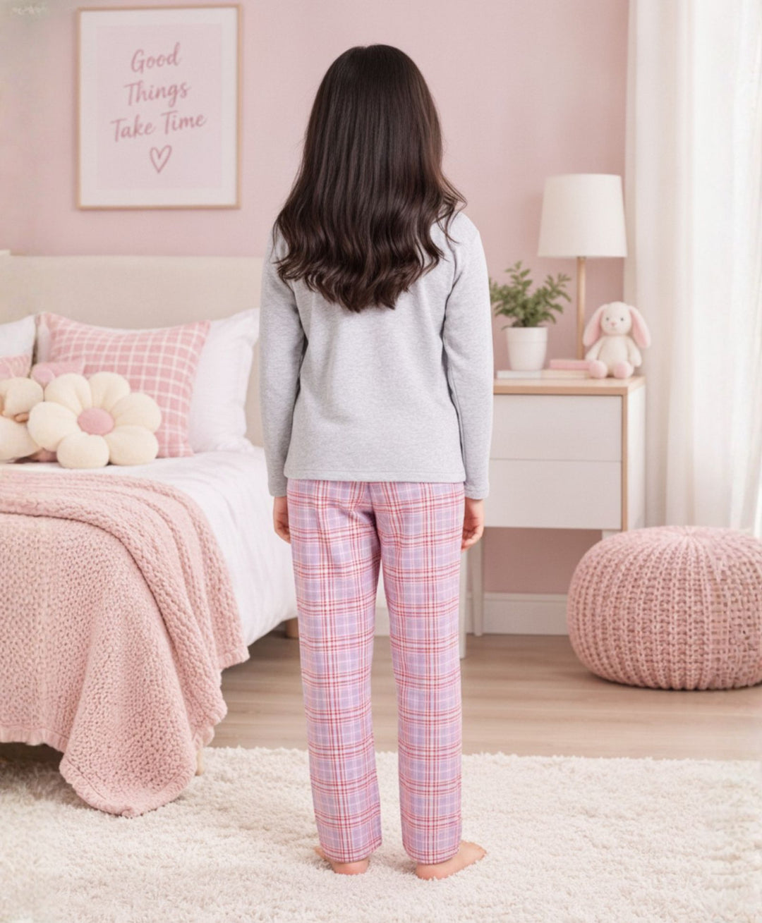 PASTEL PINK CHECK GREY MELANGE GIRLS LONG SLEEVE PYJAMA SET - GREY/PINK