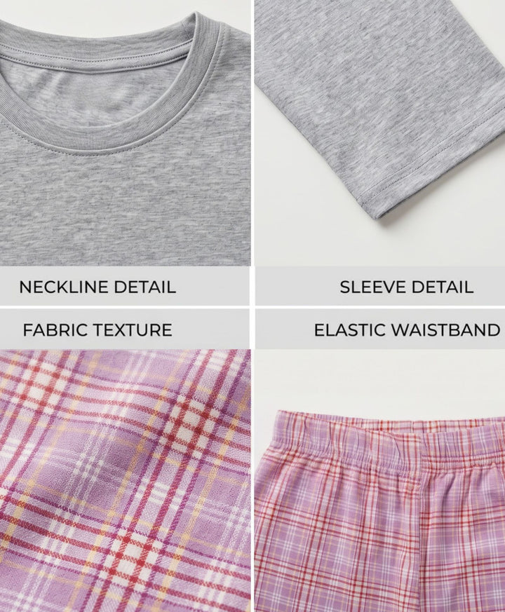 PASTEL PINK CHECK GREY MELANGE GIRLS LONG SLEEVE PYJAMA SET - GREY/PINK