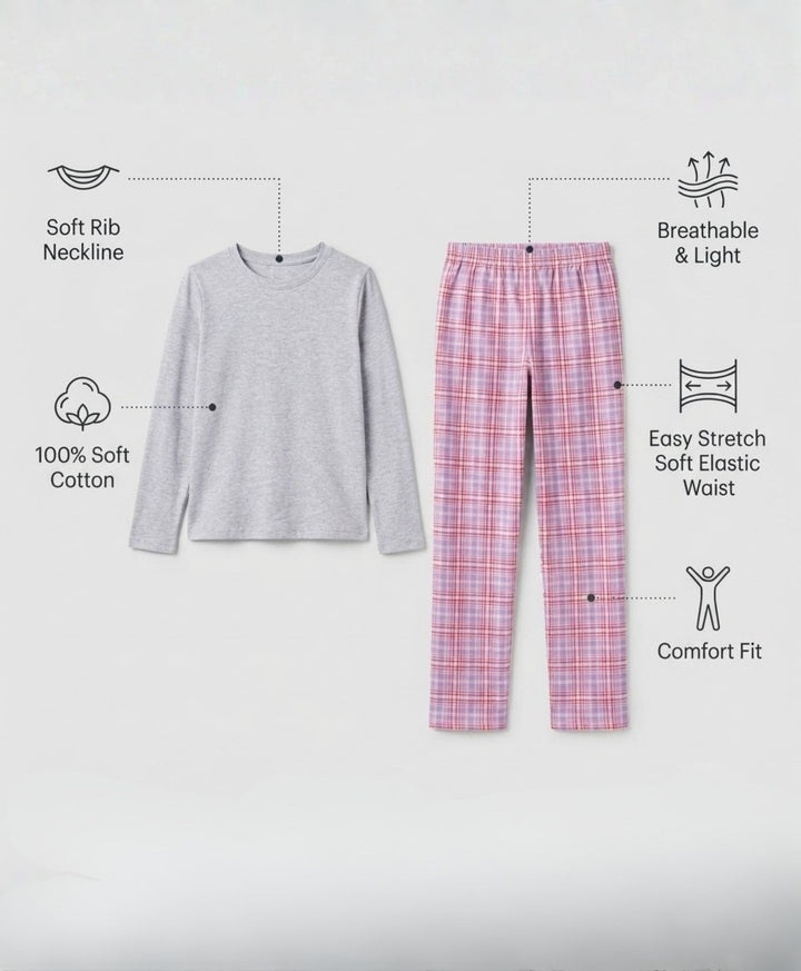 PASTEL PINK CHECK GREY MELANGE GIRLS LONG SLEEVE PYJAMA SET - GREY/PINK
