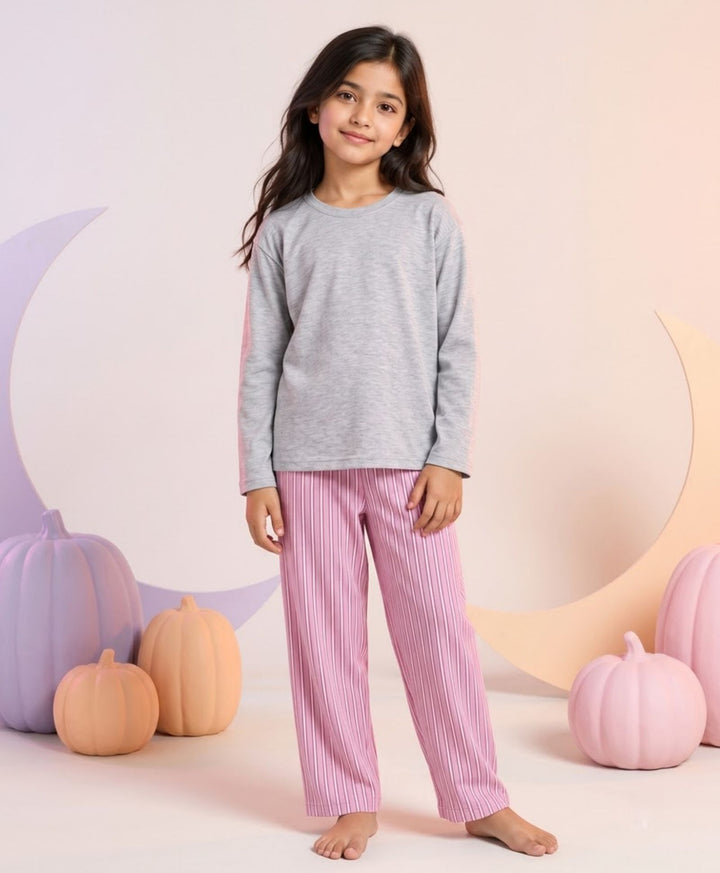PINK CANDY STRIPE GREY MELANGE GIRLS LONG SLEEVE PYJAMA SET - GREY/PINK