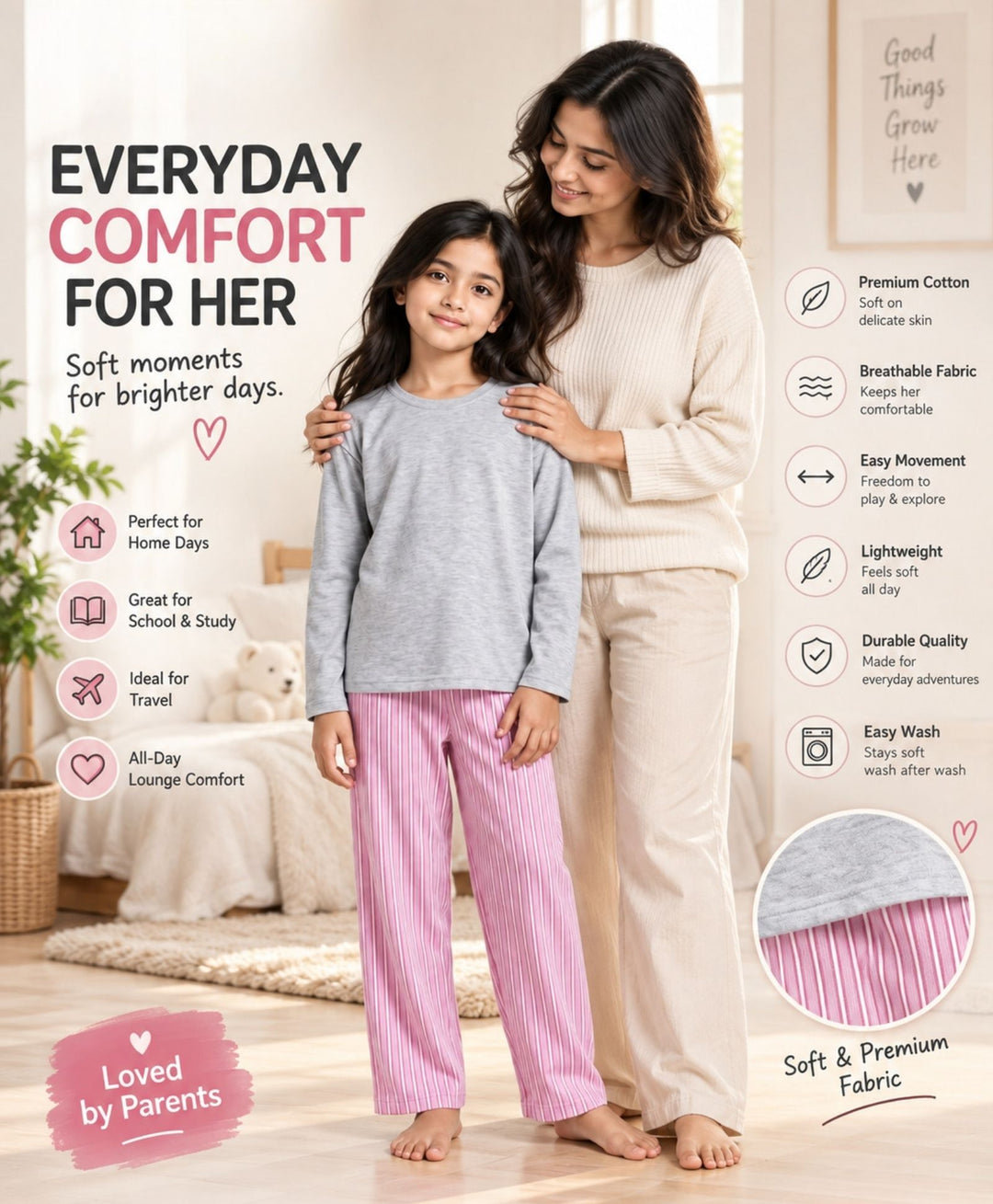 PINK CANDY STRIPE GREY MELANGE GIRLS LONG SLEEVE PYJAMA SET - GREY/PINK