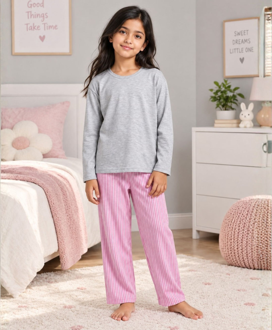 PINK CANDY STRIPE GREY MELANGE GIRLS LONG SLEEVE PYJAMA SET - GREY/PINK