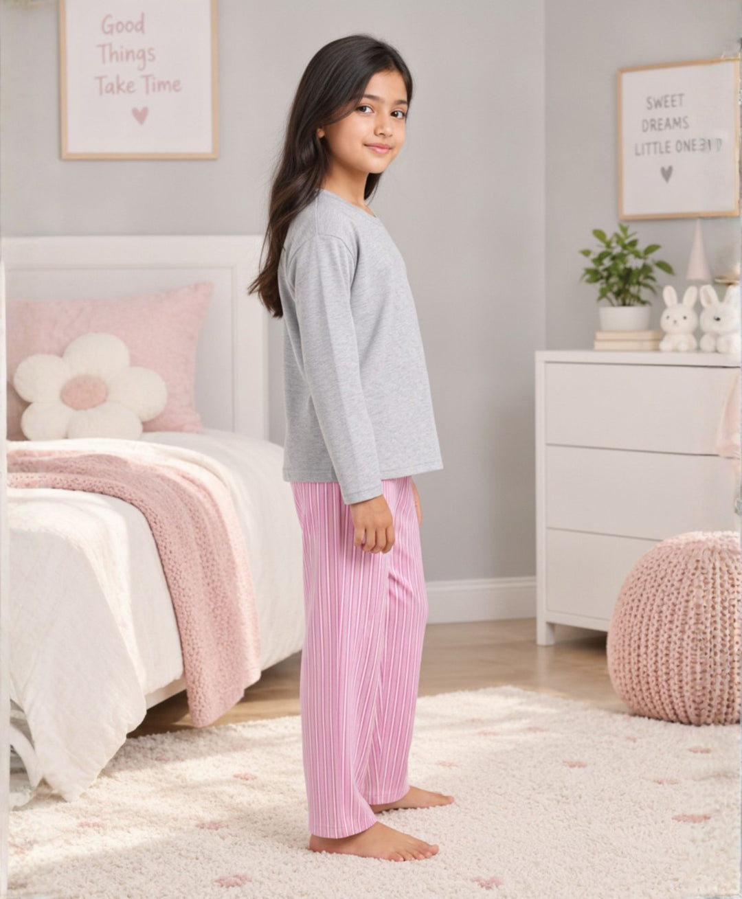 PINK CANDY STRIPE GREY MELANGE GIRLS LONG SLEEVE PYJAMA SET - GREY/PINK