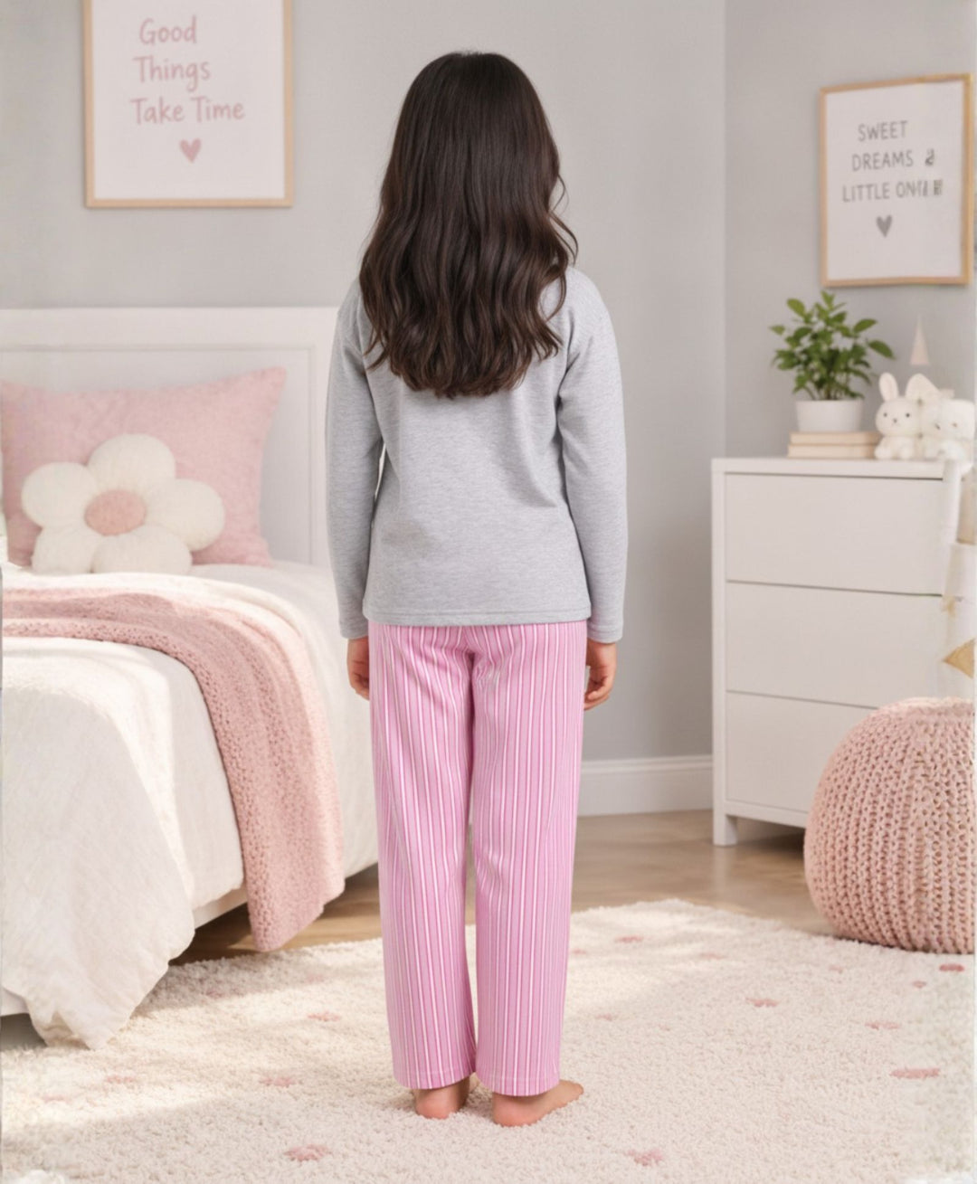 PINK CANDY STRIPE GREY MELANGE GIRLS LONG SLEEVE PYJAMA SET - GREY/PINK