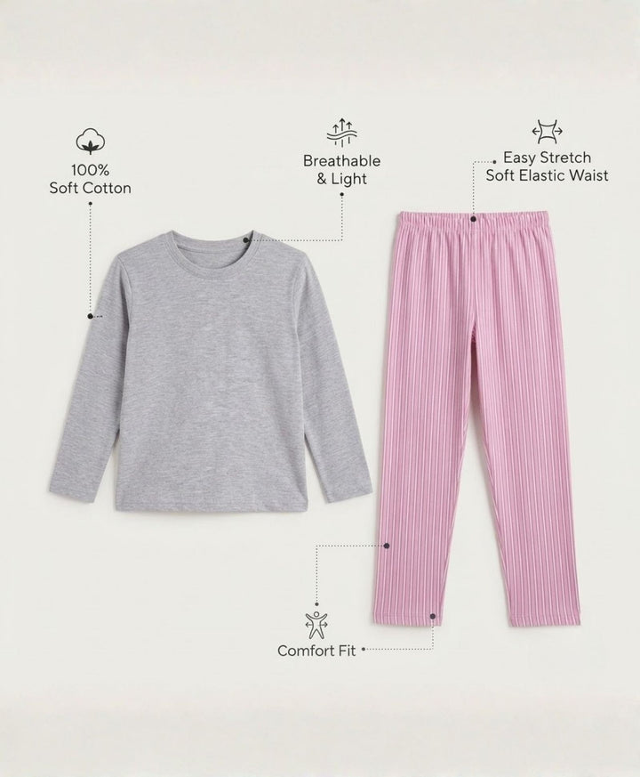 PINK CANDY STRIPE GREY MELANGE GIRLS LONG SLEEVE PYJAMA SET - GREY/PINK