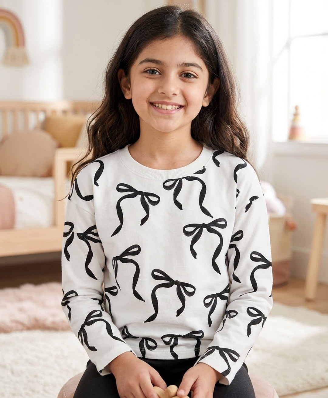 PINK BOW, BLACK BOW, HEART PRINT, BLACK LONG SLEEVE T-SHIRT (PACK OF 4)
