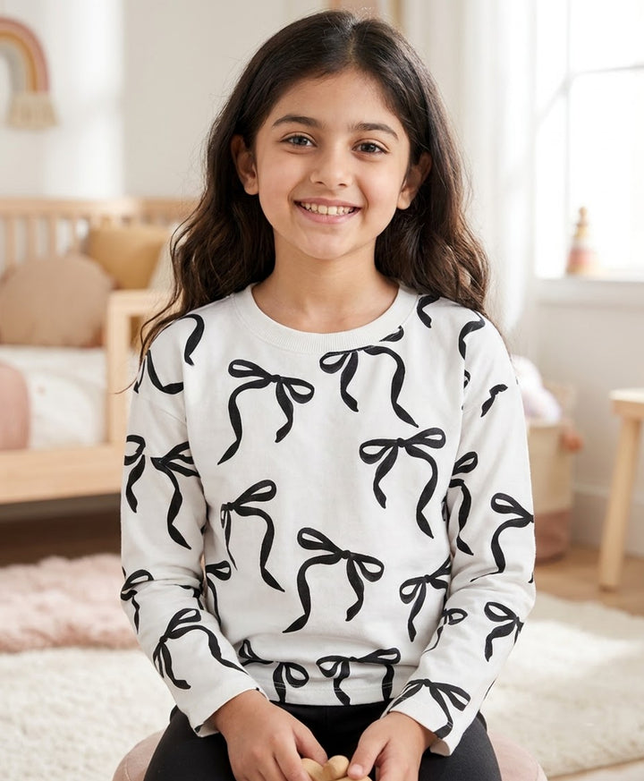 PINK BOW, BLACK BOW, HEART PRINT, BLACK LONG SLEEVE T-SHIRT (PACK OF 4)