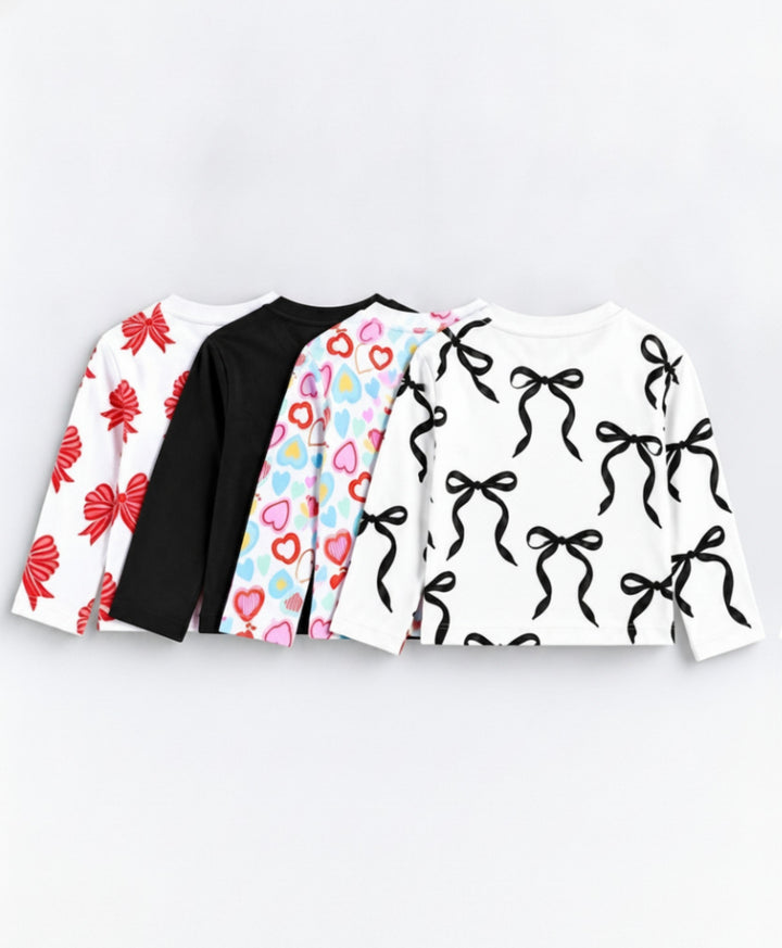PINK BOW, BLACK BOW, HEART PRINT, BLACK LONG SLEEVE T-SHIRT (PACK OF 4)
