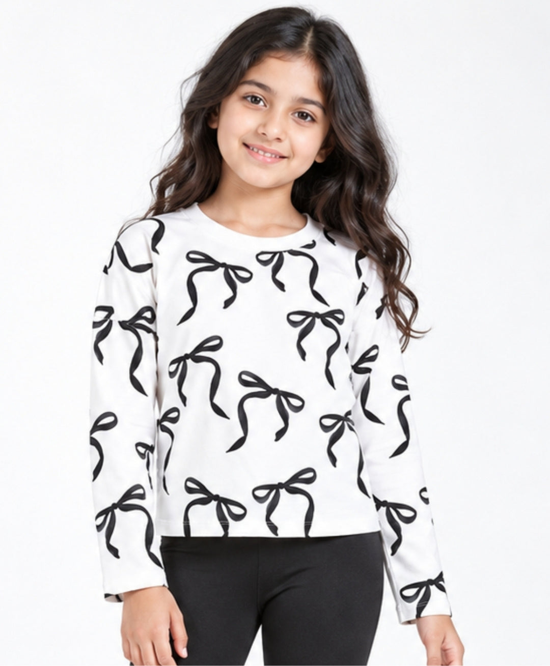 PINK BOW, BLACK BOW, HEART PRINT, BLACK LONG SLEEVE T-SHIRT (PACK OF 4)