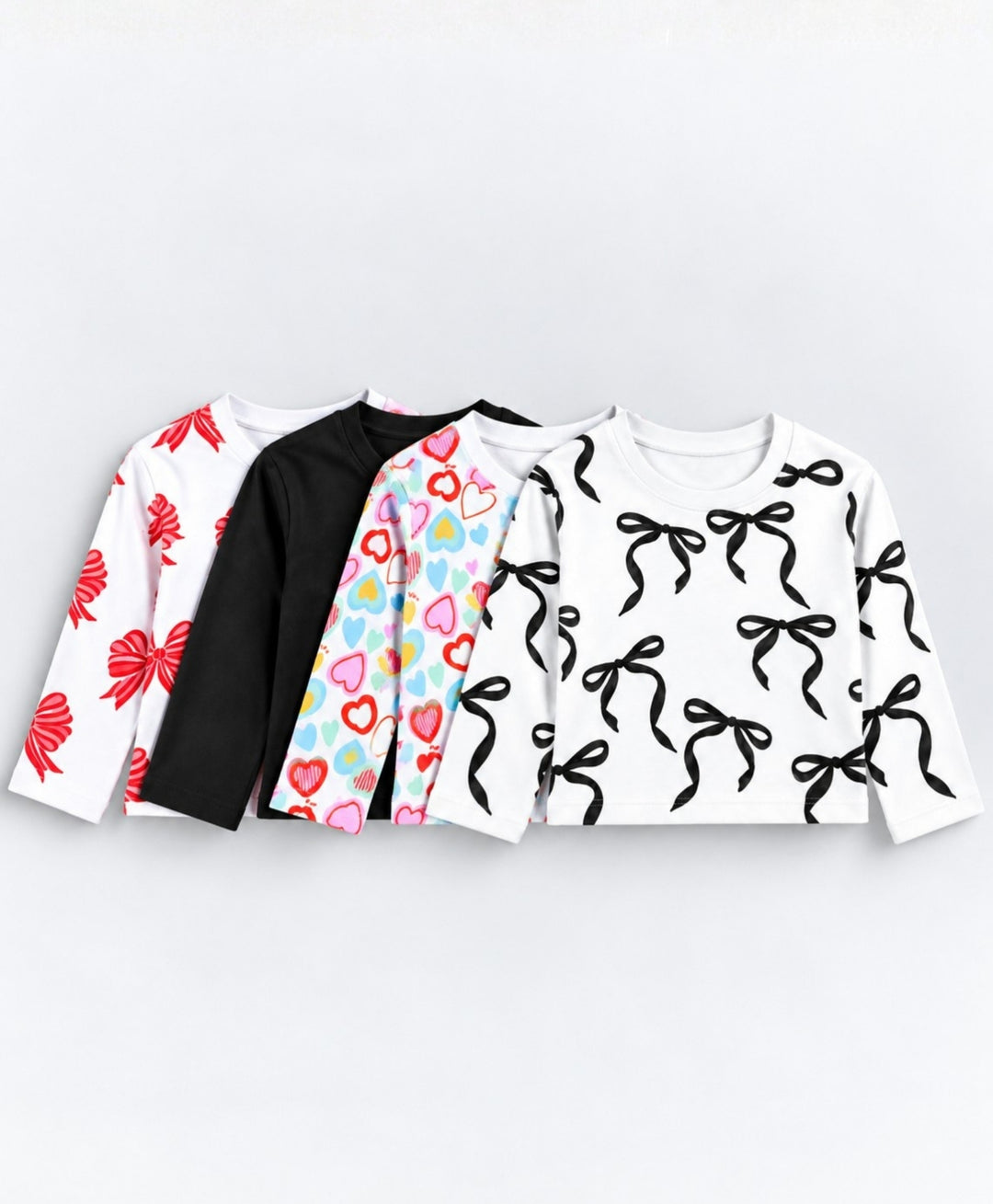 PINK BOW, BLACK BOW, HEART PRINT, BLACK LONG SLEEVE T-SHIRT (PACK OF 4)