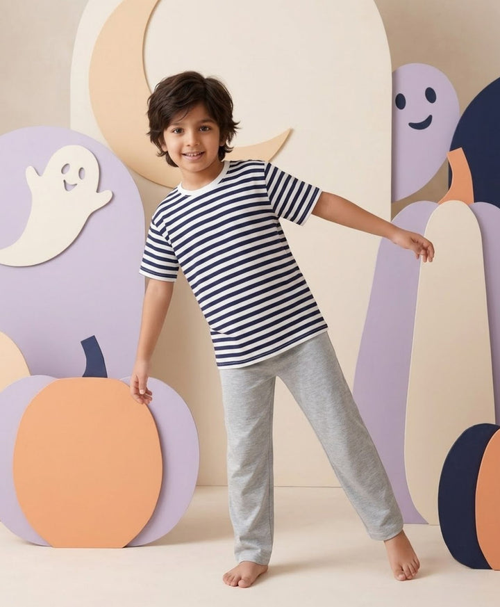 NAVY WHITE GREY MELANGE BOYS SHORT SLEEVE PYJMAA SET - NAVY/GREY