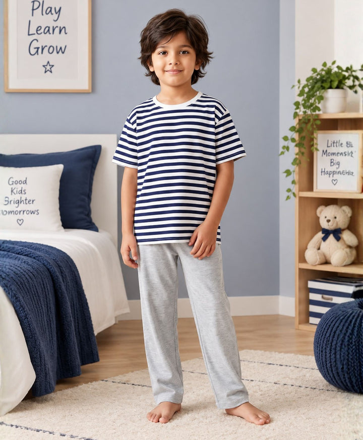 NAVY WHITE GREY MELANGE BOYS SHORT SLEEVE PYJMAA SET - NAVY/GREY
