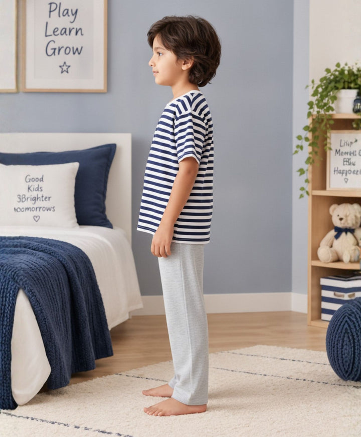 NAVY WHITE GREY MELANGE BOYS SHORT SLEEVE PYJMAA SET - NAVY/GREY
