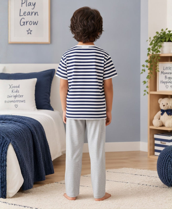 NAVY WHITE GREY MELANGE BOYS SHORT SLEEVE PYJMAA SET - NAVY/GREY