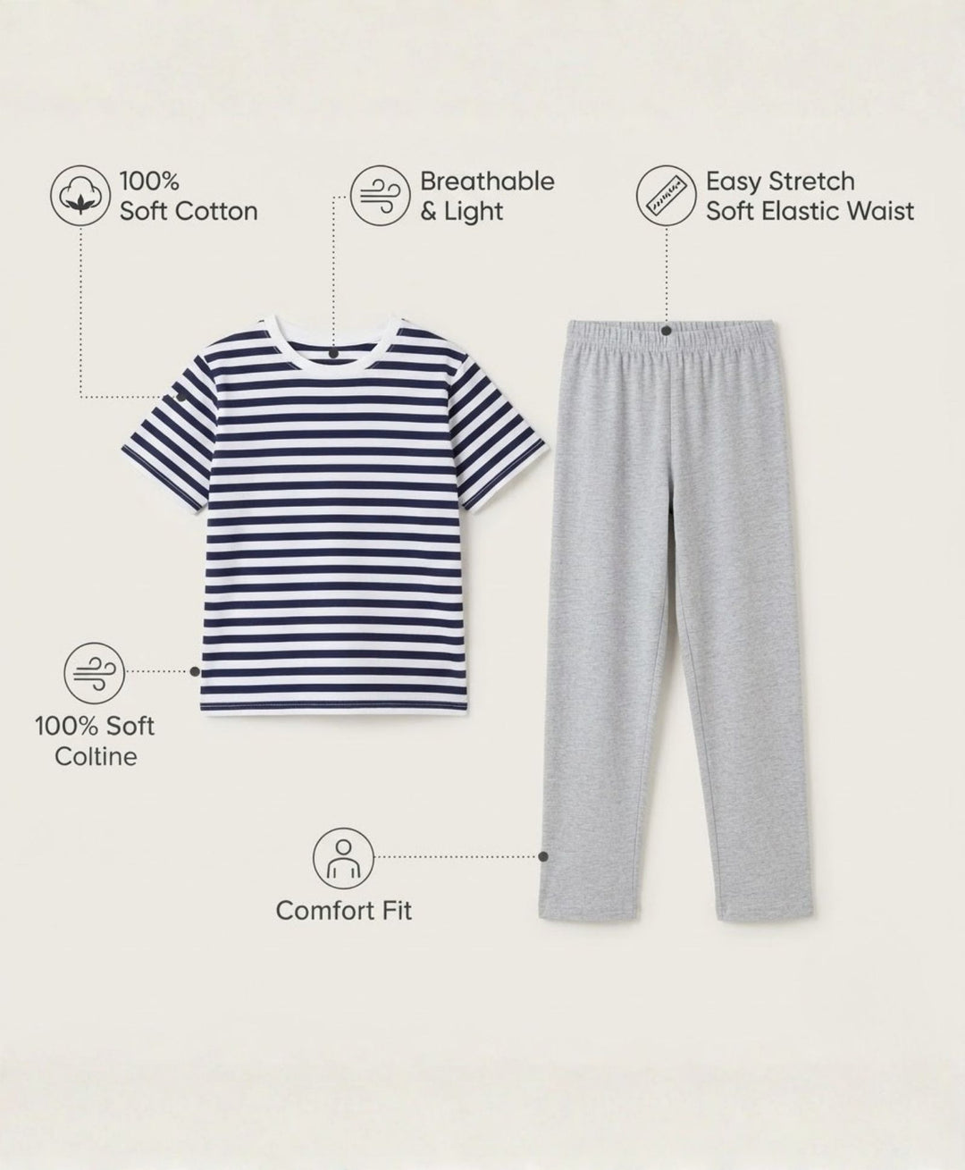 NAVY WHITE GREY MELANGE BOYS SHORT SLEEVE PYJMAA SET - NAVY/GREY