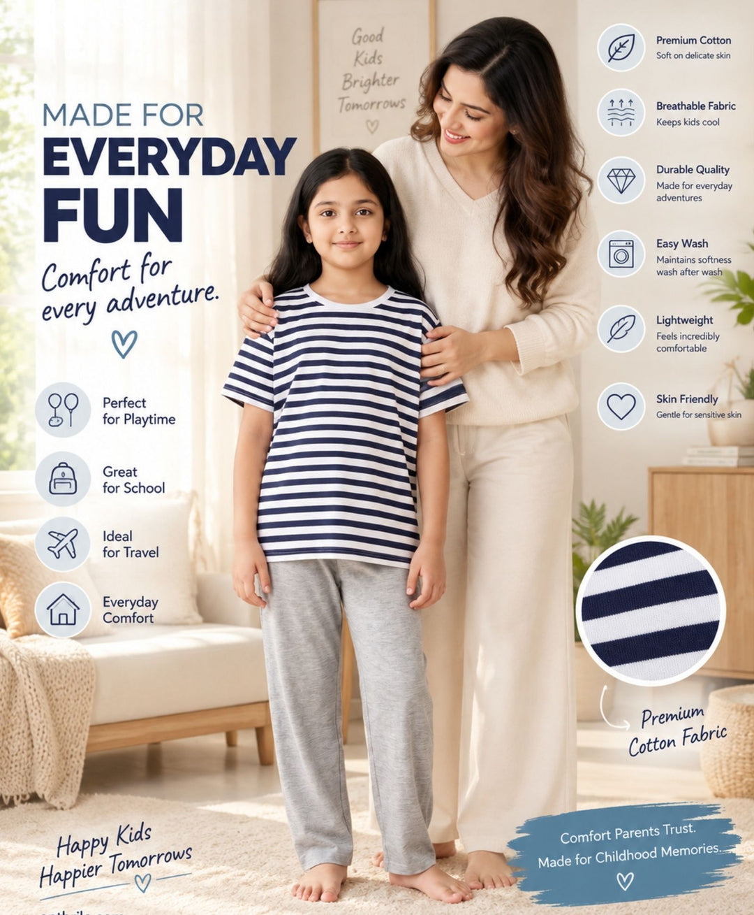 NAVY WHITE GREY MELANGE GIRLS SHORT SLEEVE PYJMAA SET - NAVY/GREY