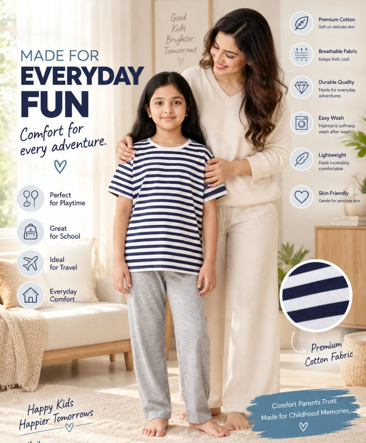 NAVY WHITE GREY MELANGE GIRLS SHORT SLEEVE PYJMAA SET - NAVY/GREY