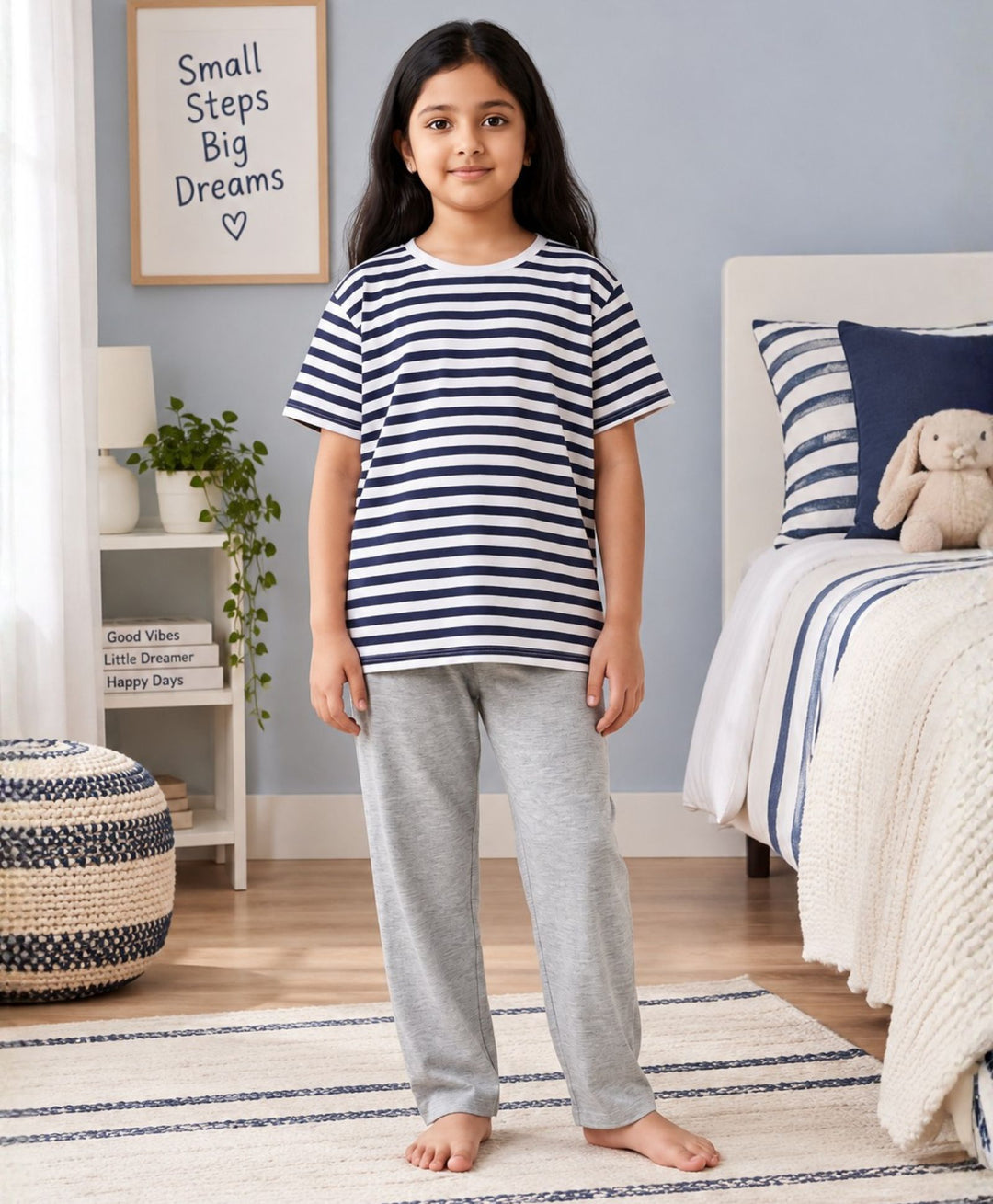 NAVY WHITE GREY MELANGE GIRLS SHORT SLEEVE PYJMAA SET - NAVY/GREY