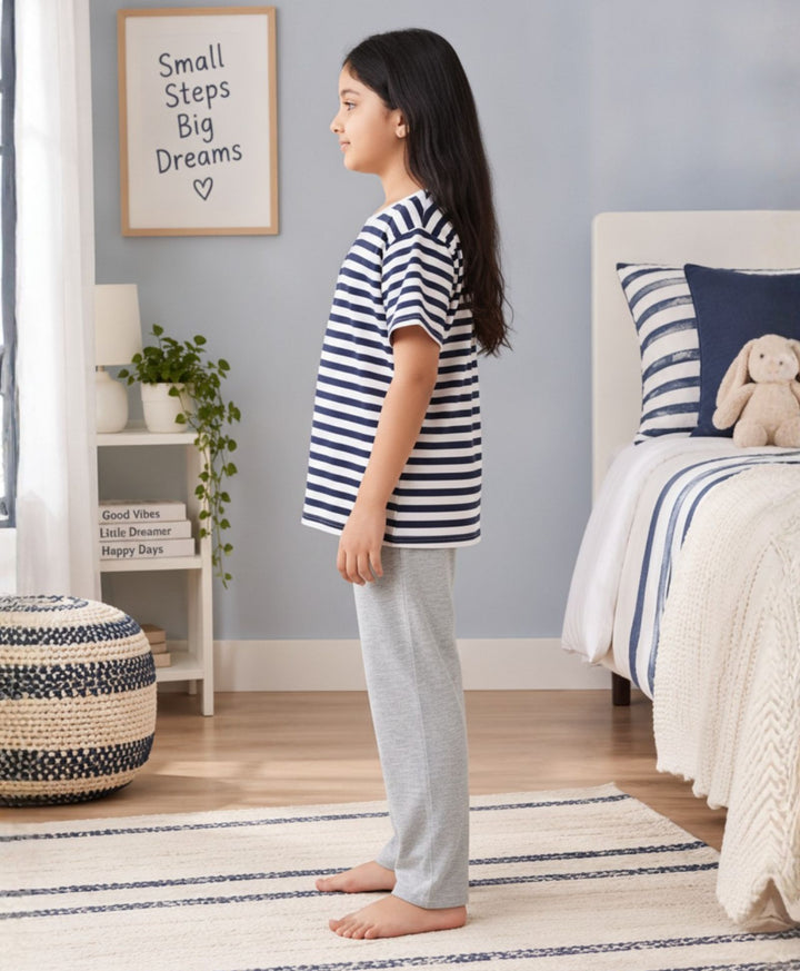 NAVY WHITE GREY MELANGE GIRLS SHORT SLEEVE PYJMAA SET - NAVY/GREY