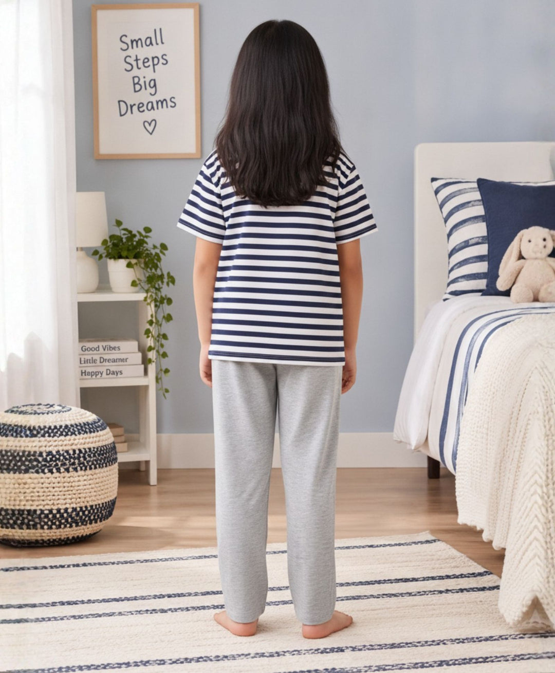 NAVY WHITE GREY MELANGE GIRLS SHORT SLEEVE PYJMAA SET - NAVY/GREY
