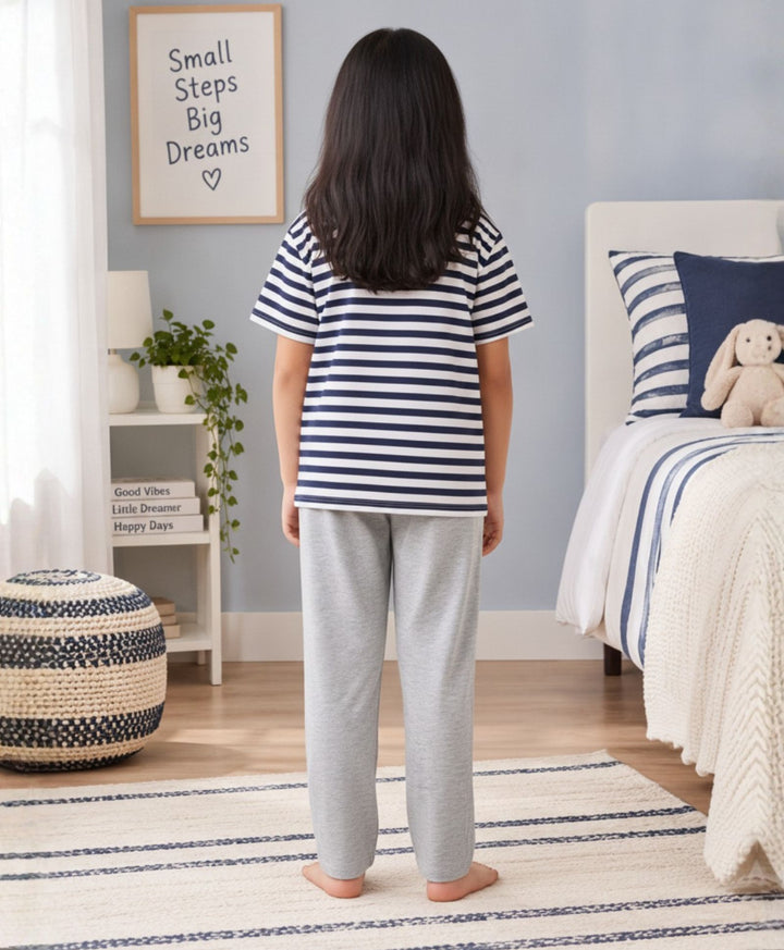 NAVY WHITE GREY MELANGE GIRLS SHORT SLEEVE PYJMAA SET - NAVY/GREY
