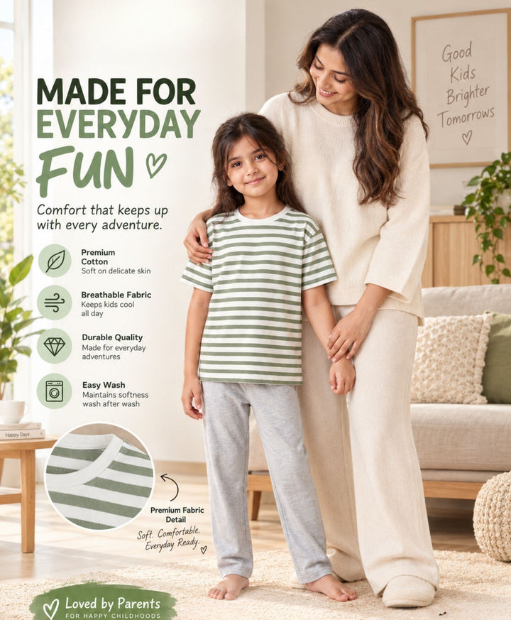 GREEN WHITE GREY MELANGE GIRLS SHORT SLEEVE PYJMAA SET - GREEN/GREY