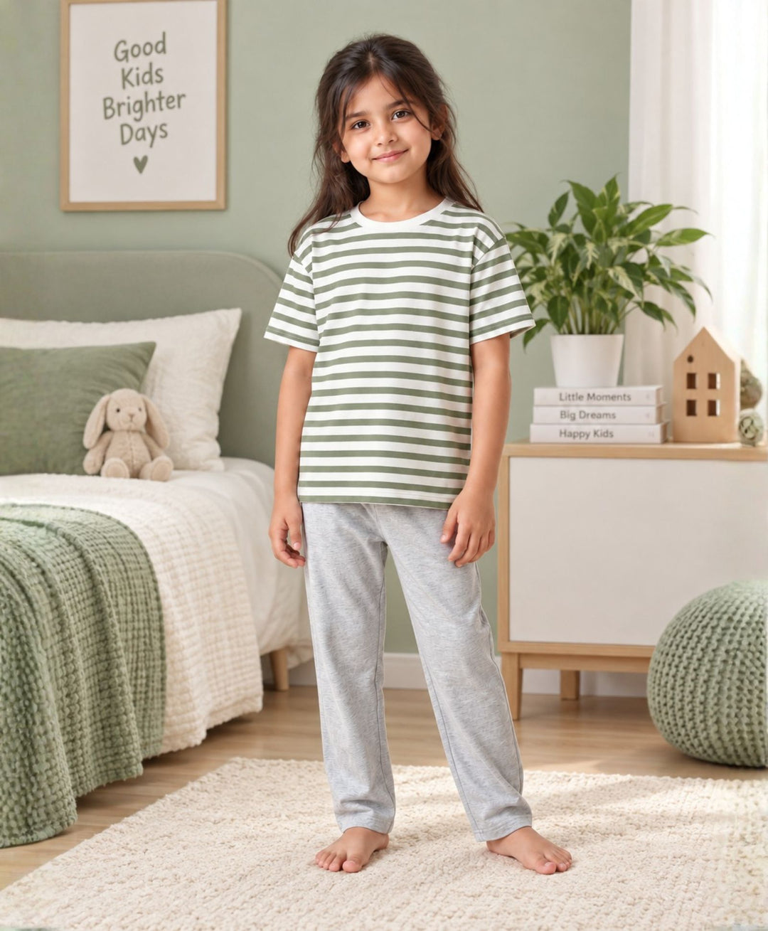 GREEN WHITE GREY MELANGE GIRLS SHORT SLEEVE PYJMAA SET - GREEN/GREY