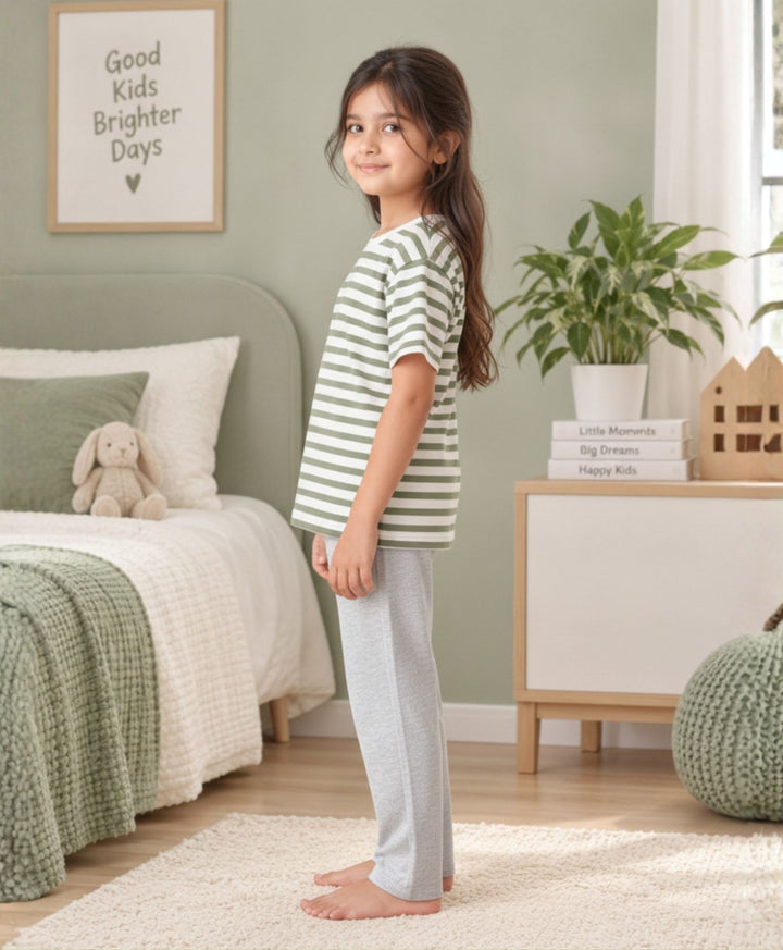 GREEN WHITE GREY MELANGE GIRLS SHORT SLEEVE PYJMAA SET - GREEN/GREY