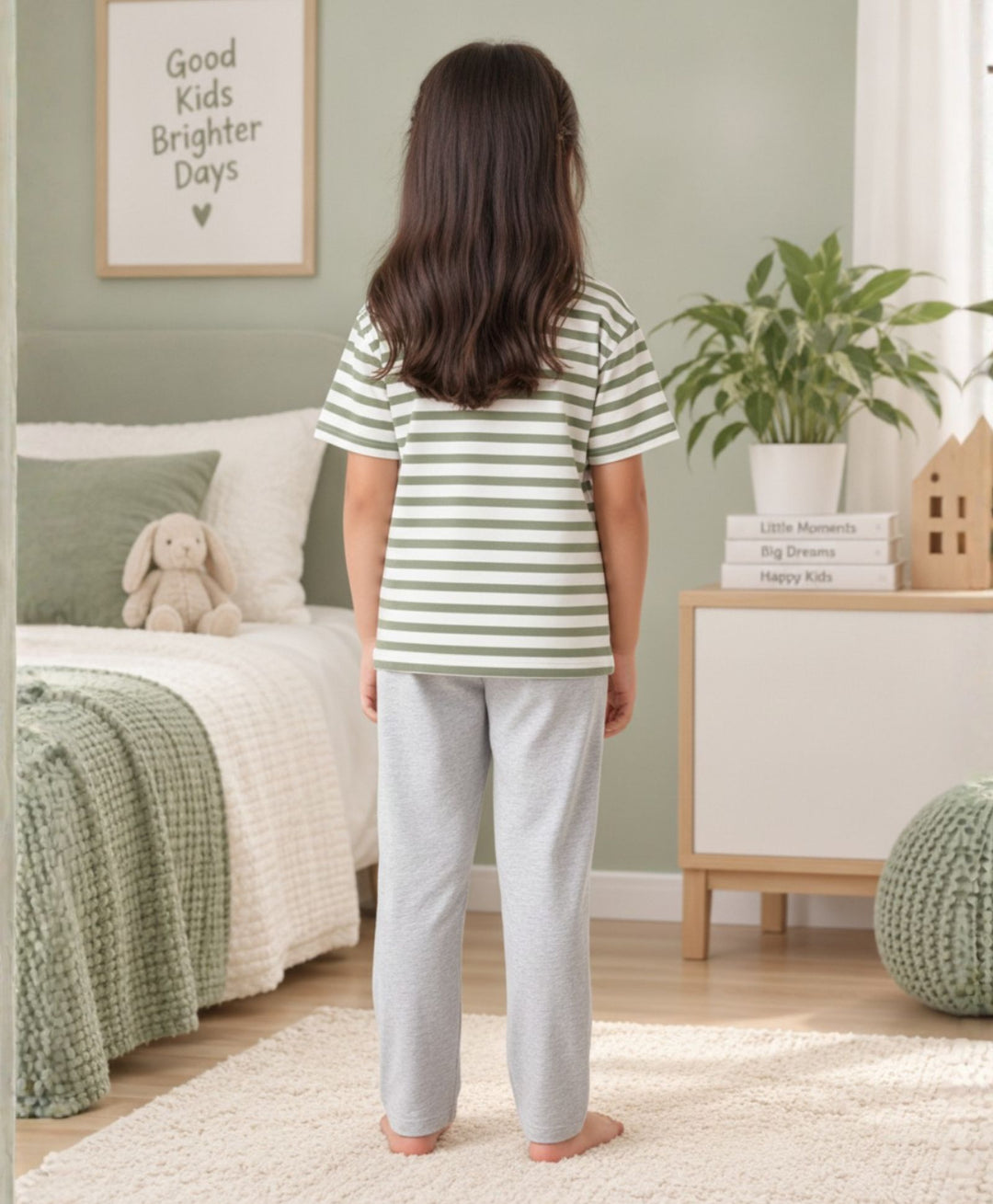 GREEN WHITE GREY MELANGE GIRLS SHORT SLEEVE PYJMAA SET - GREEN/GREY