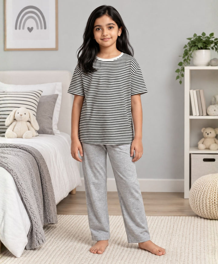 BLACK WHITE GREY MELANGE GIRL SHORT SLEEVE PYJMAA SET - BLACK/GREY