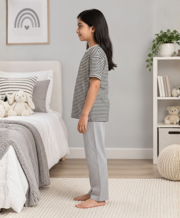 BLACK WHITE GREY MELANGE GIRL SHORT SLEEVE PYJMAA SET - BLACK/GREY