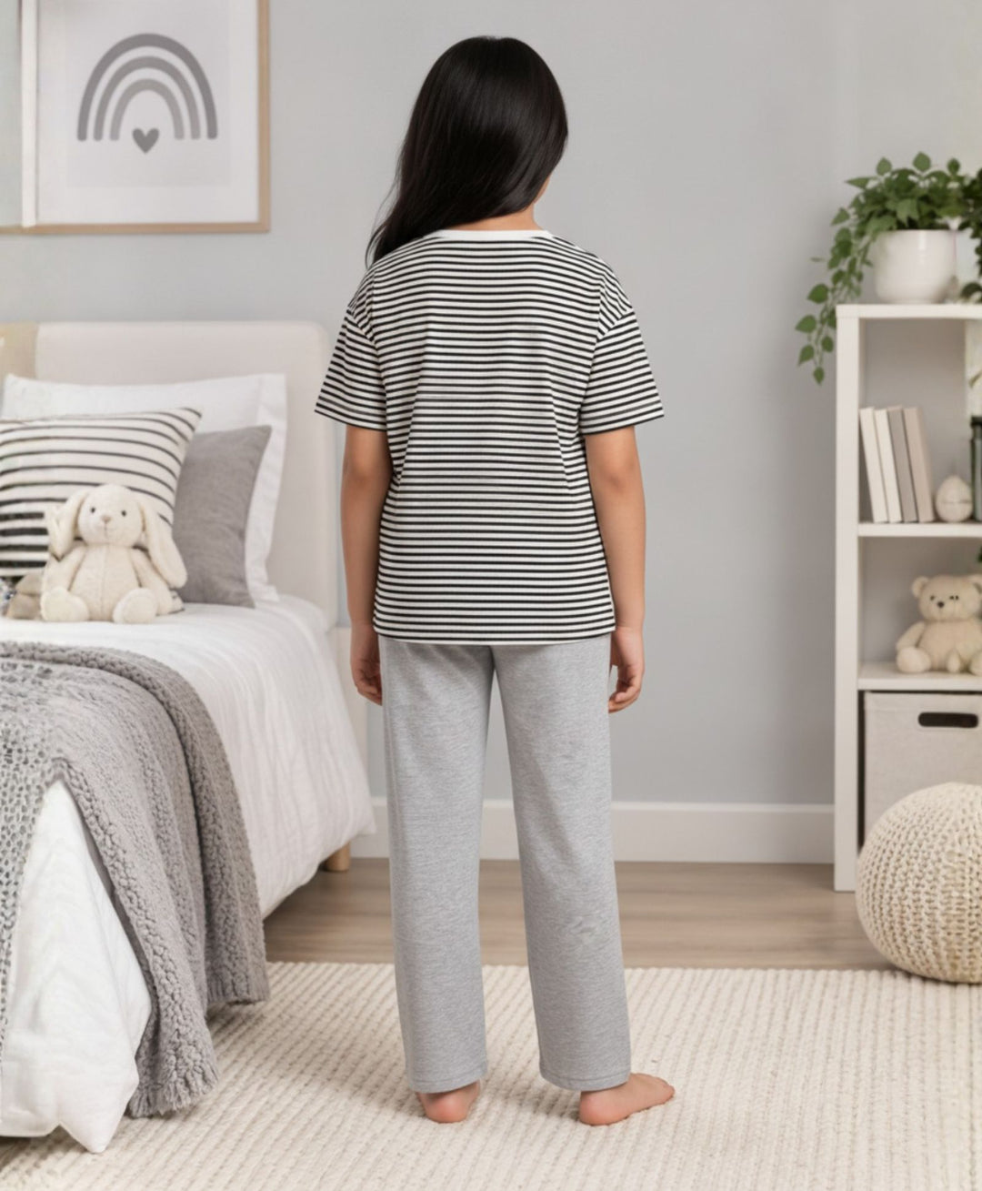 BLACK WHITE GREY MELANGE GIRL SHORT SLEEVE PYJMAA SET - BLACK/GREY