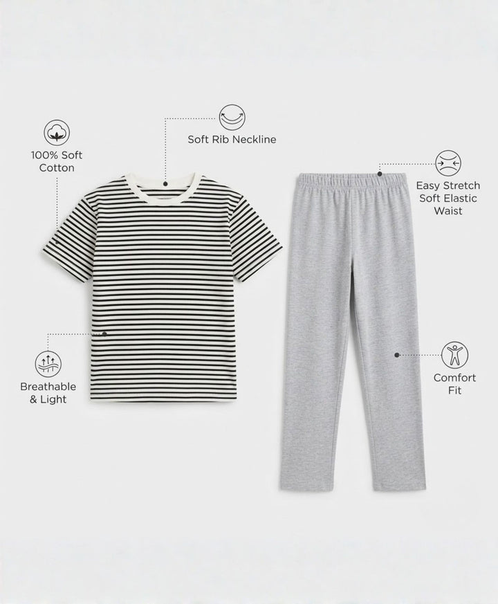 BLACK WHITE GREY MELANGE GIRL SHORT SLEEVE PYJMAA SET - BLACK/GREY