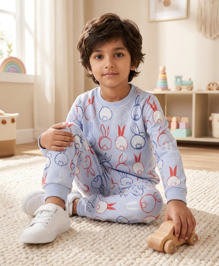 RABBIT PRINT FLEECE SWEATSHIRT JOGGER SET -BLUE