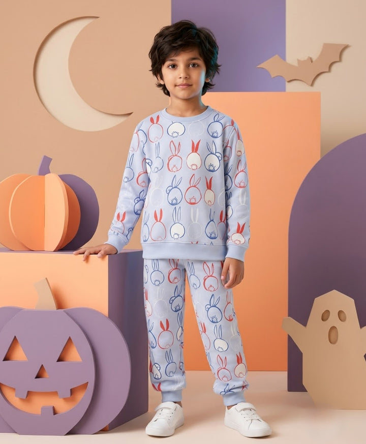 RABBIT PRINT FLEECE SWEATSHIRT JOGGER SET -BLUE