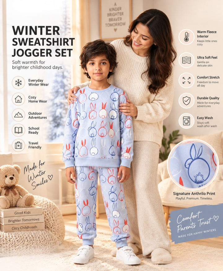 RABBIT PRINT FLEECE SWEATSHIRT JOGGER SET -BLUE