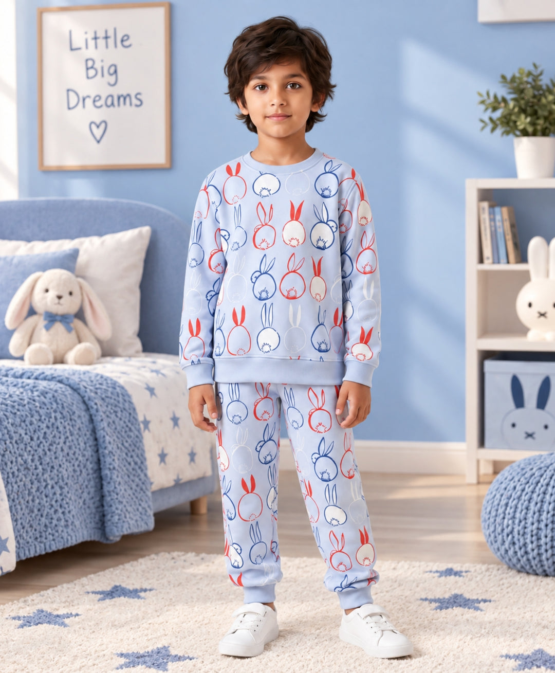 RABBIT PRINT FLEECE SWEATSHIRT JOGGER SET -BLUE