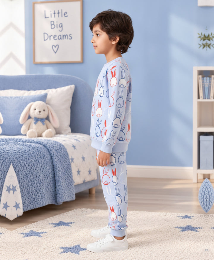 RABBIT PRINT FLEECE SWEATSHIRT JOGGER SET -BLUE