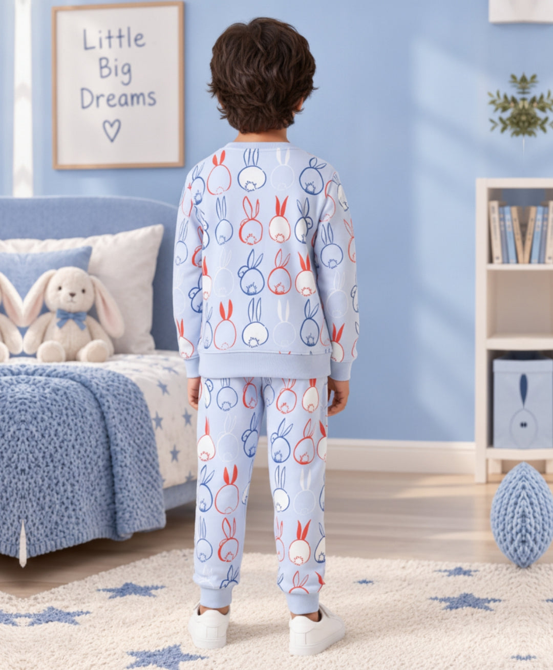 RABBIT PRINT FLEECE SWEATSHIRT JOGGER SET -BLUE